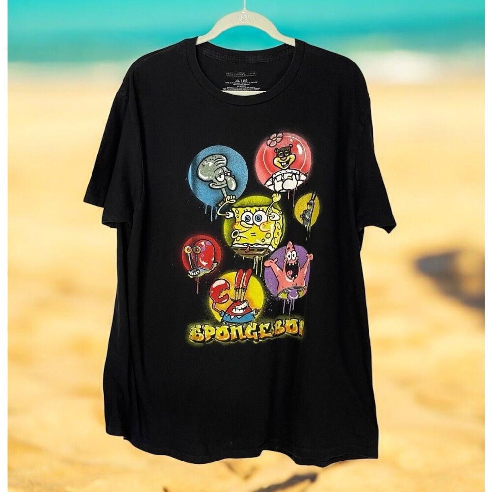 Nickelodeon Spongebob Men’s T-Shirt XL Black Graffiti Graphic Patrick Star Tee